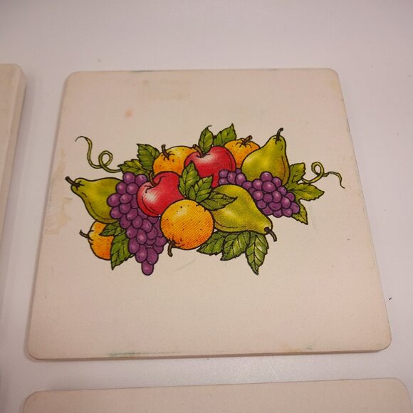Set of 4 Vintage Sandstone & Cork Coasters Fruit Grapes Pears Apples Taiwan - Picture 3 of 7